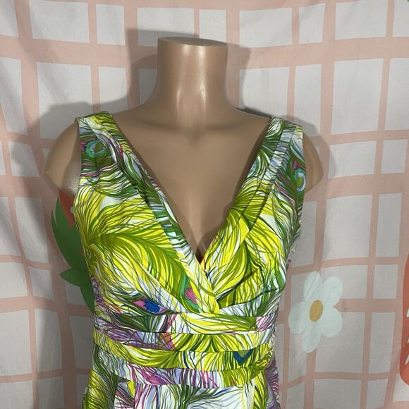 Nanette Lepore Peacock Print Dress W/Pockets Sz 6 Green Multi Lined Pleated - Picture 7 of 11